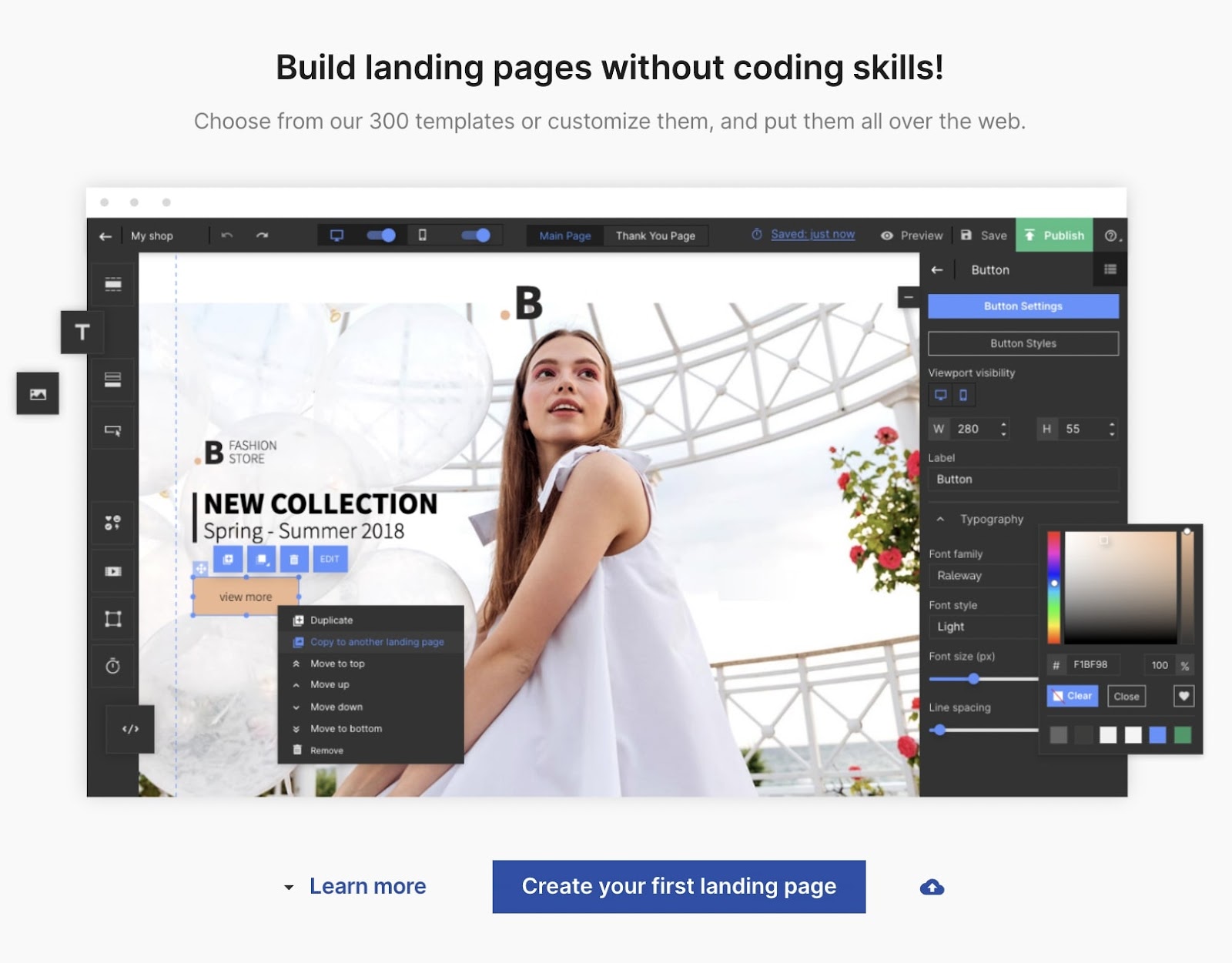 Clothing spring - summer collection and a woman in a white dress showing Semrush landing page builder example