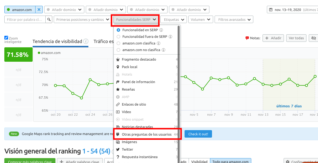 SEMrush Position Tracking tool screenshot