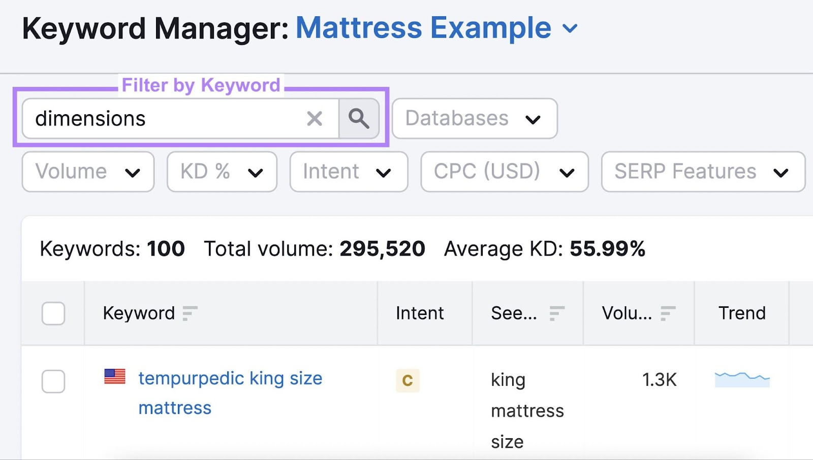 filter keywords that contain the term dimensions