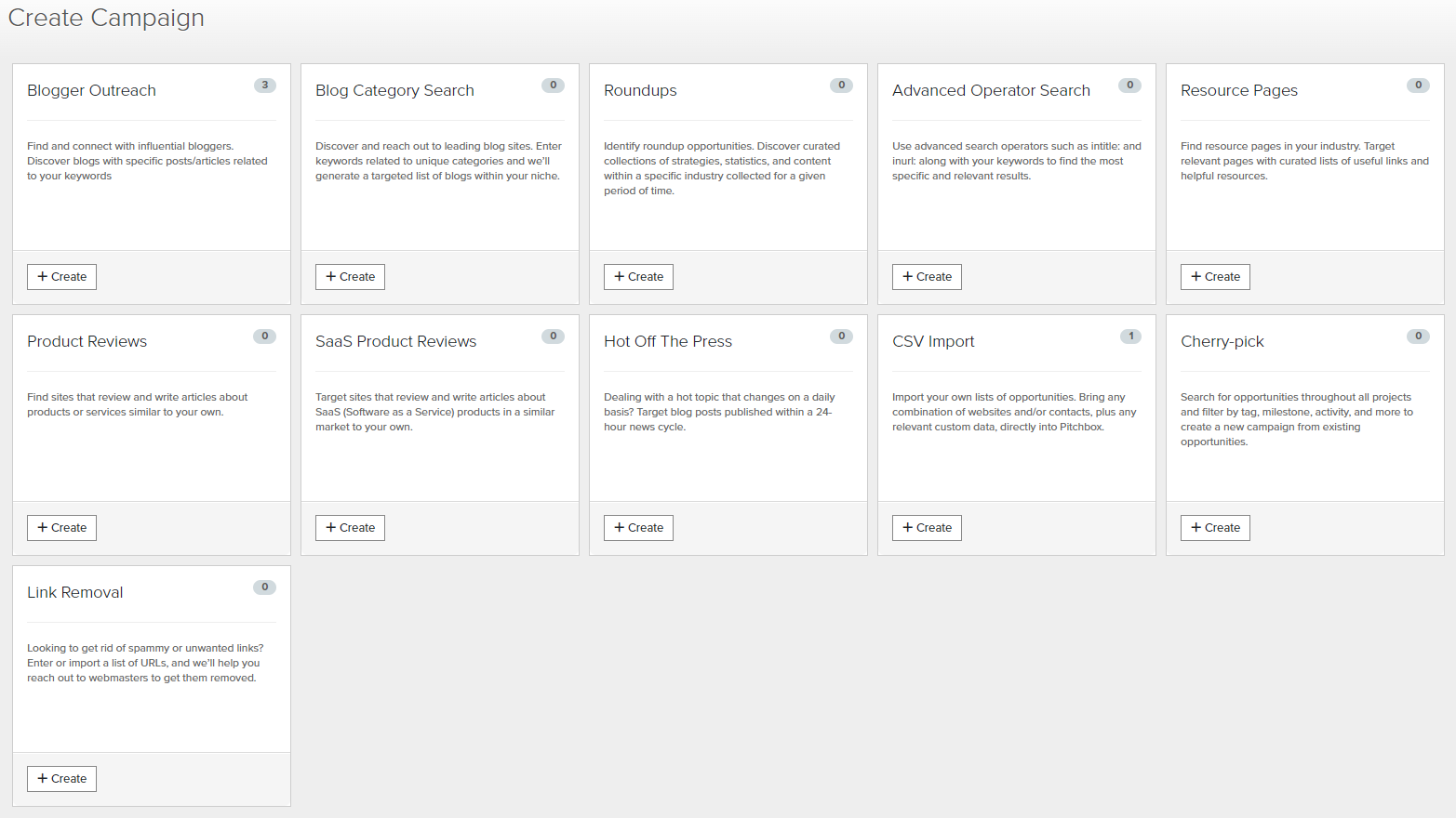 A selection of the options available for creating a campaign in Pitchbox