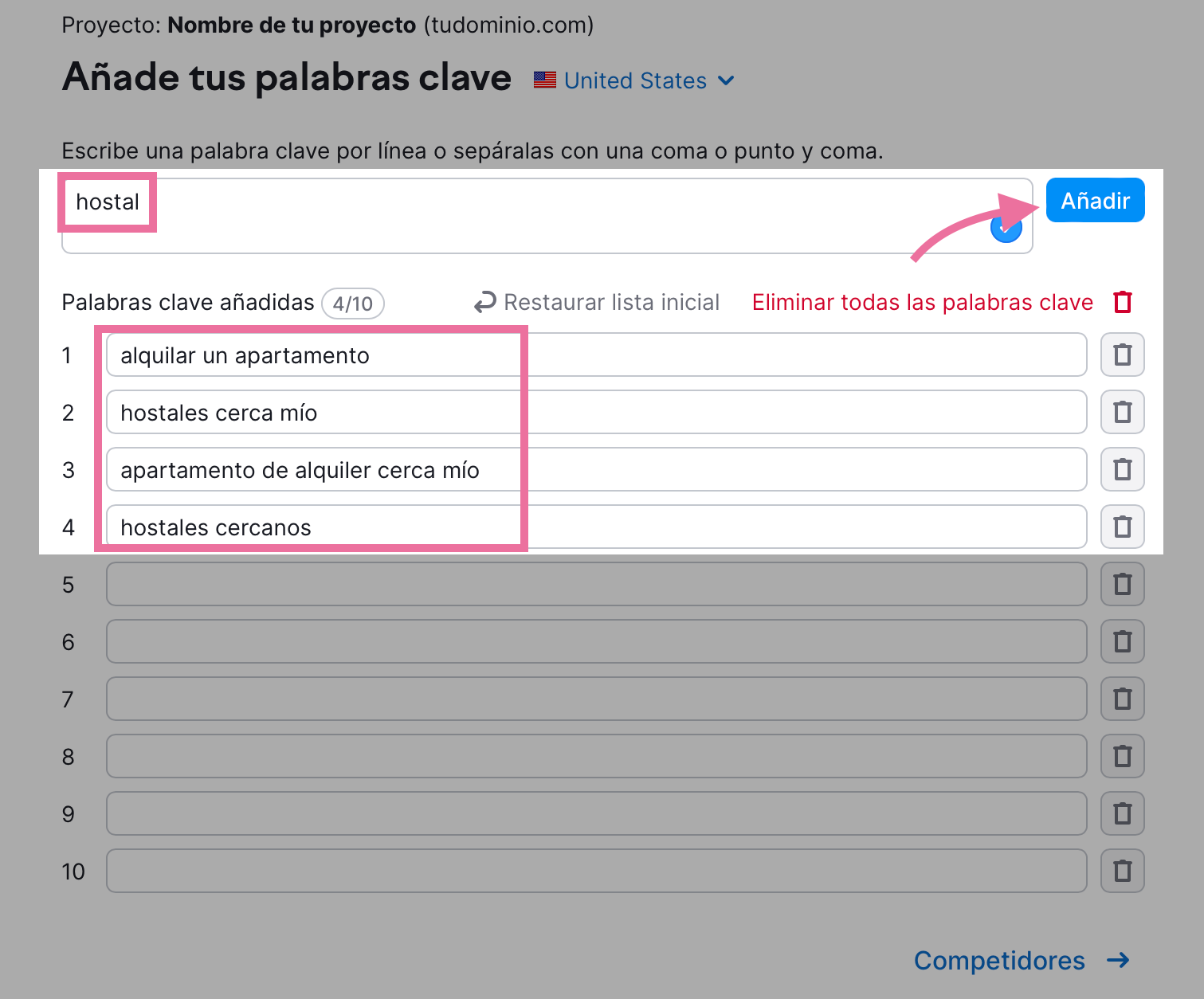 Añadir palabras clave en la Keyword Magic Tool de Semrush