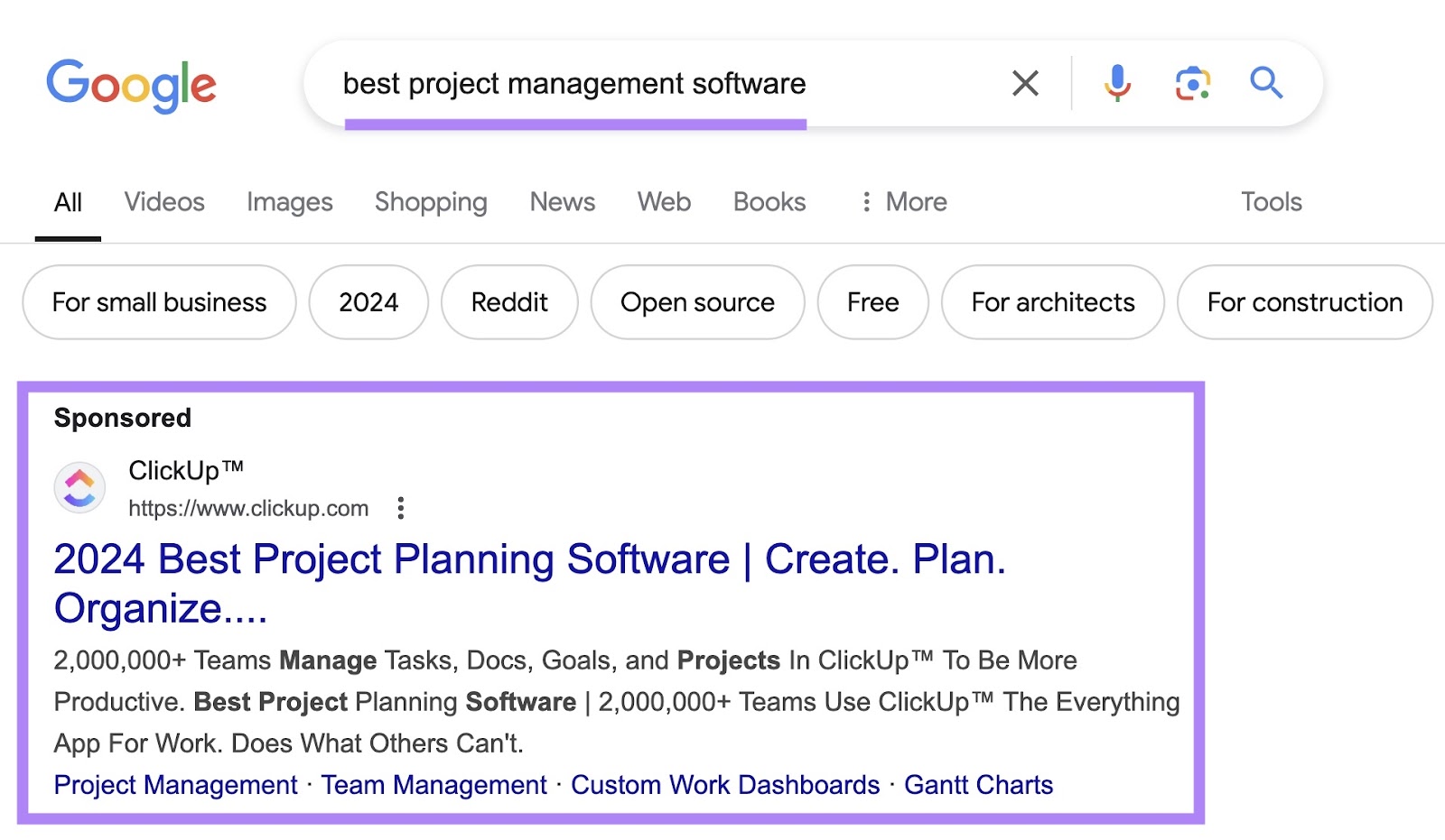 Google SERP with “best project management software” entered and the first sponsored result by ClickUp highlighted.