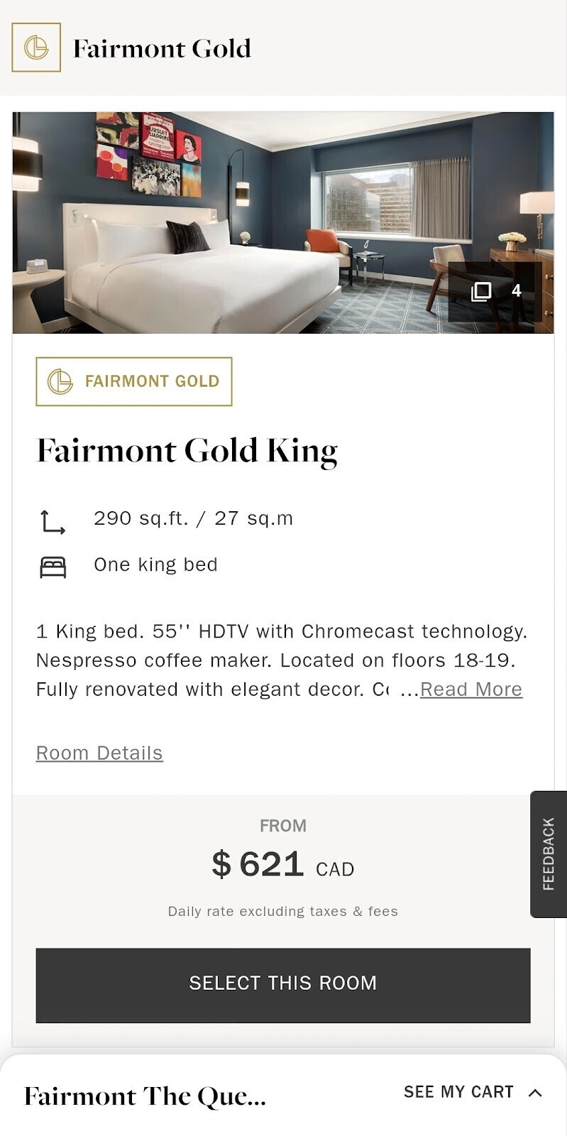 an example of a listing "Fairmont Gold King" with easy booking process