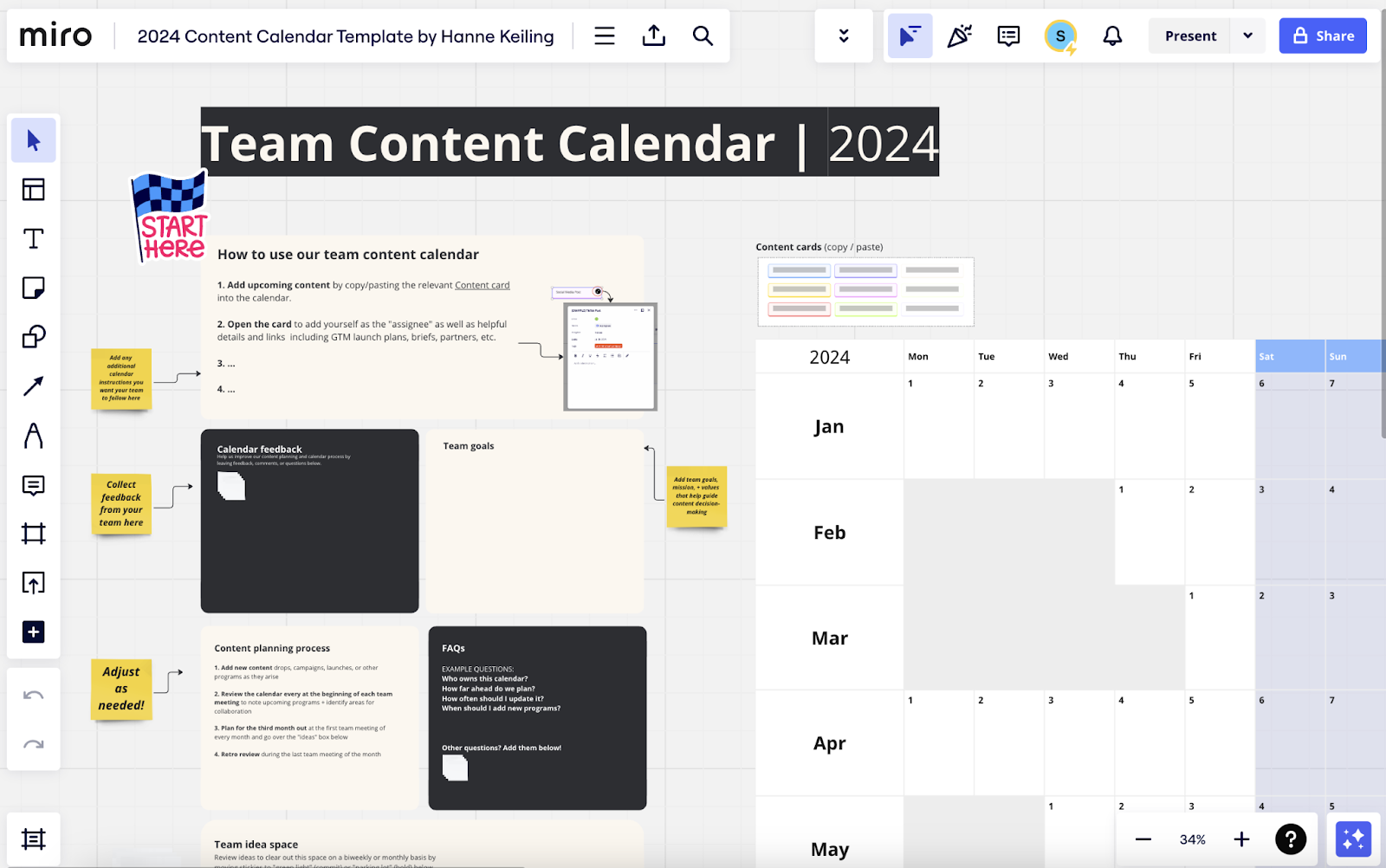 A Miro whiteboard titled "Team Content Calendar 2024"