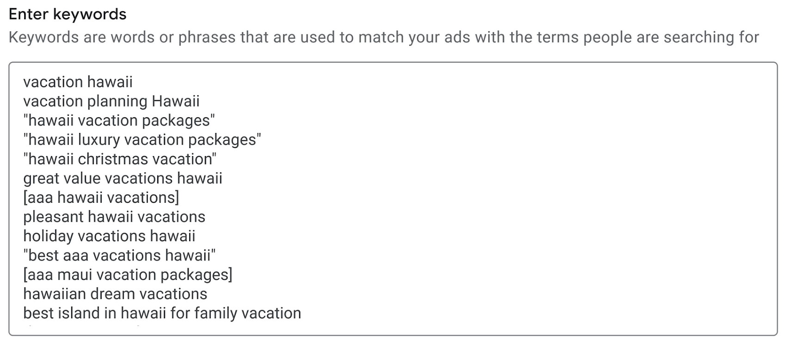 an example of entering different keywords with correct syntax