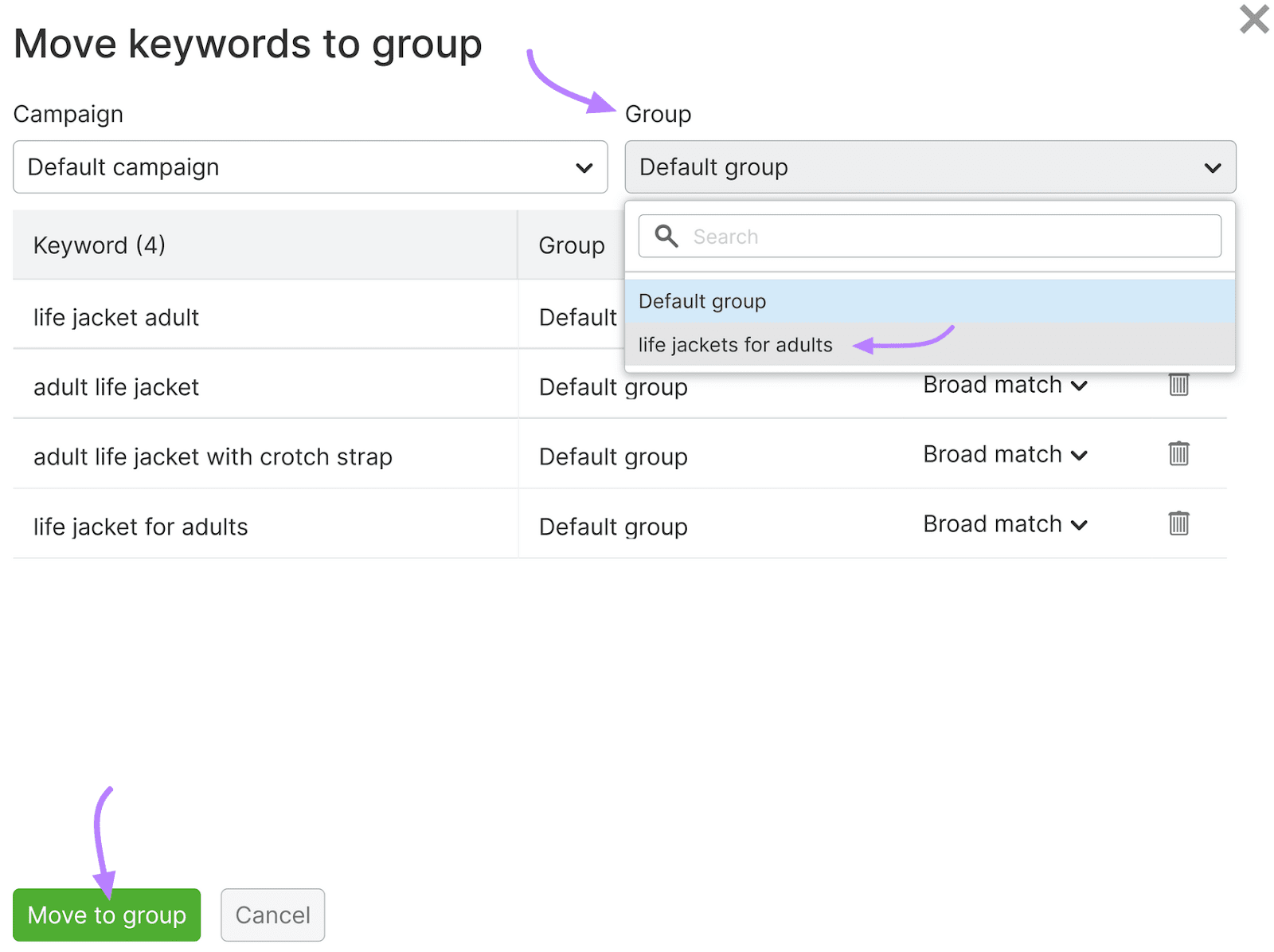 Popup for assigning keywords to groups in PPC Keyword Tool, with options to select a group and move keywords to the group.