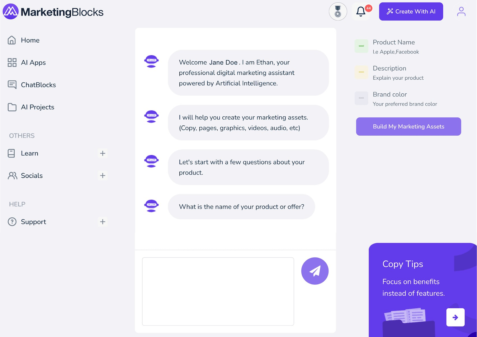 MarketingBlocks's chat with AI assistant Ethan