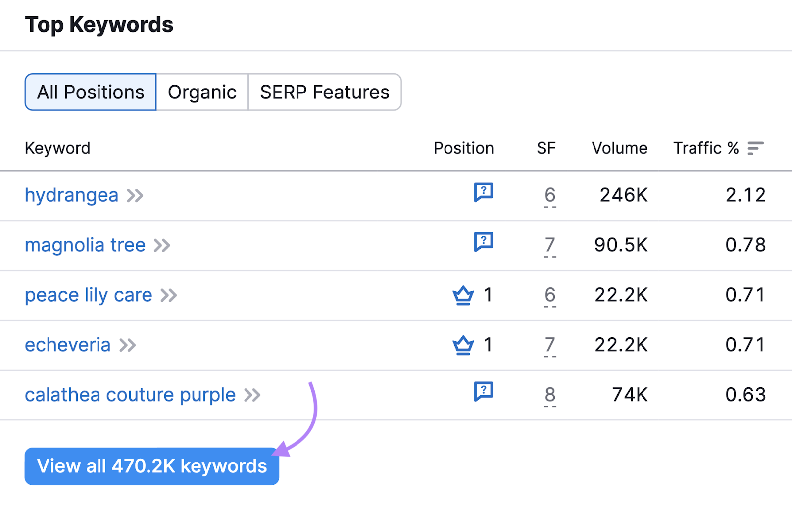 Top Keywords widget shows apical  keywords for that domain