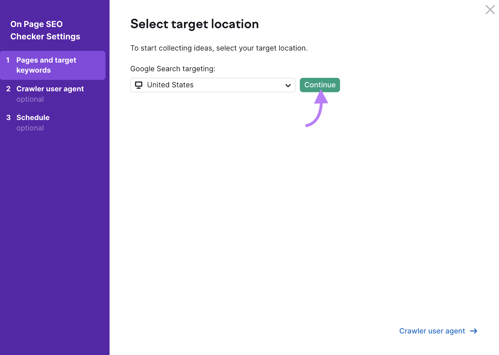 "Select target location" window in On Page SEO Checker settings