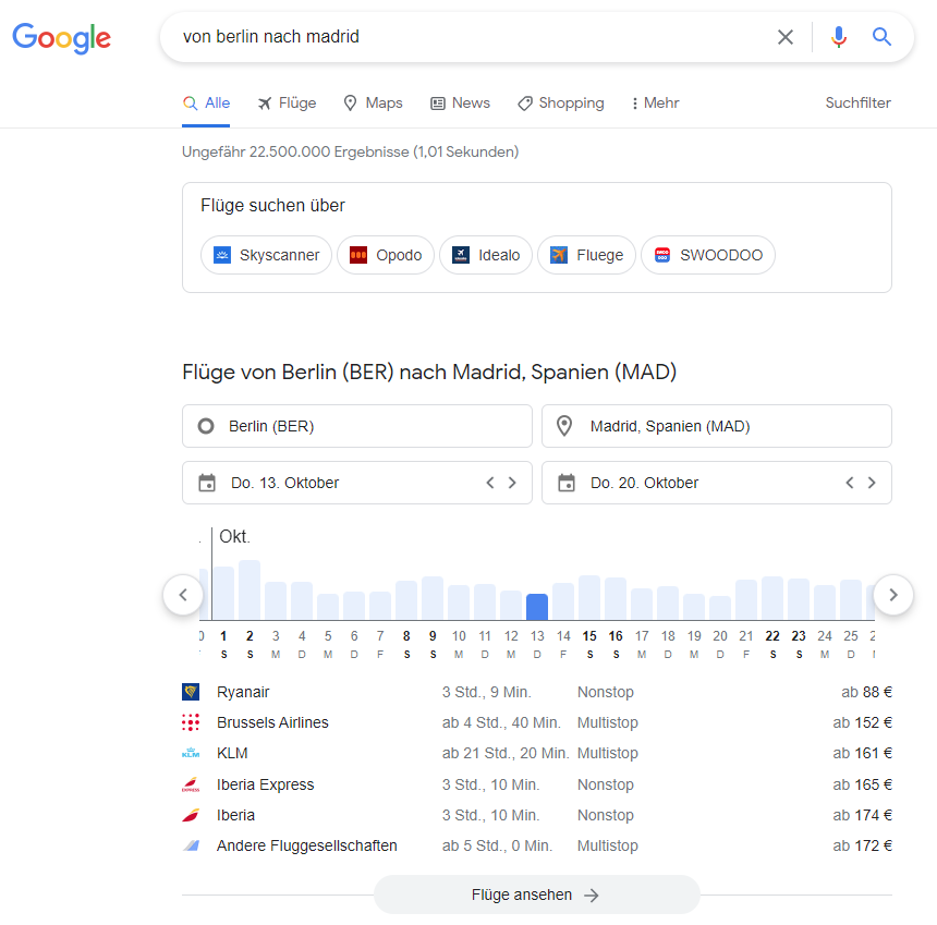 Screenshot: Google Flüge