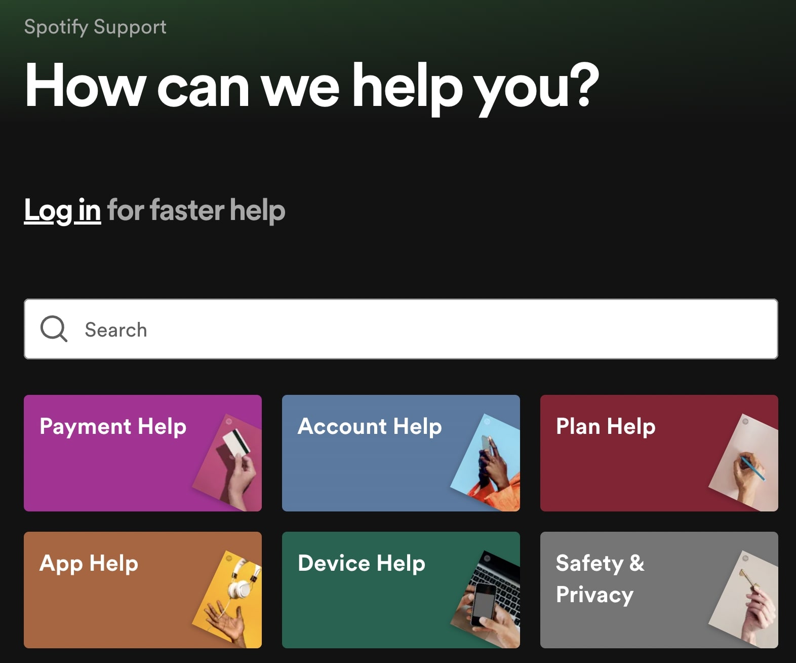 Spotify’s "How can we help you?" FAQ page