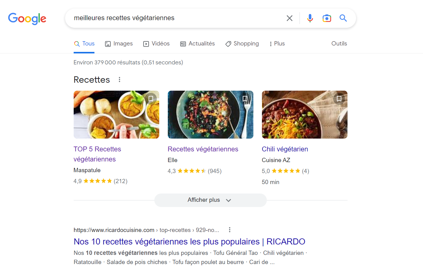 Résultats Google pour meilleures recettes végétariennes