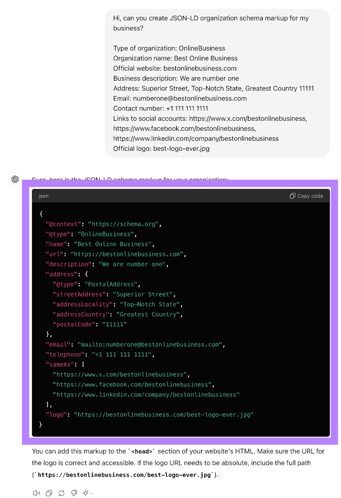 Organization Schema Markup code generated by ChatGPT.