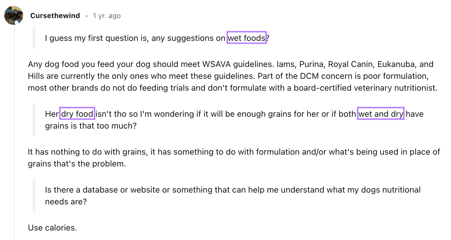 A subreddit with “dry food” and “wet food” keywords highlighted