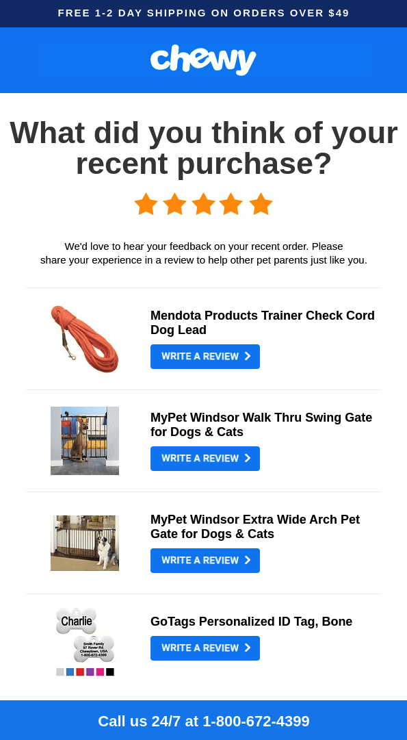 A post-purchase email from, pet company, Chewy that encourages users to write reviews for recently purchased products.
