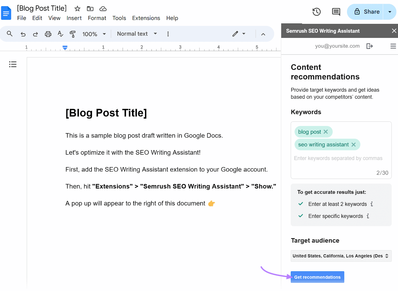 Google Docs interface displaying a draft for a blog post, along with a Semrush SEO Writing Assistant sidebar.