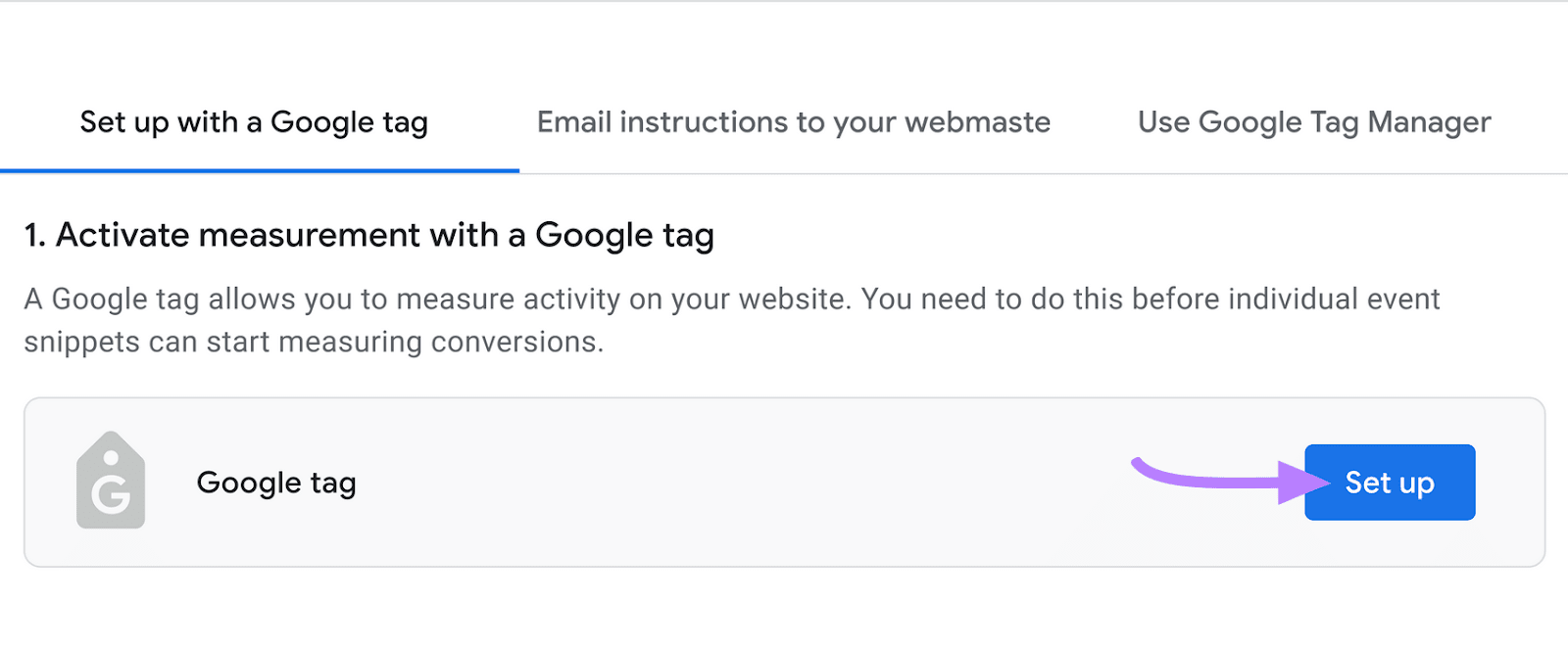 “Set up   with a Google tag” tab