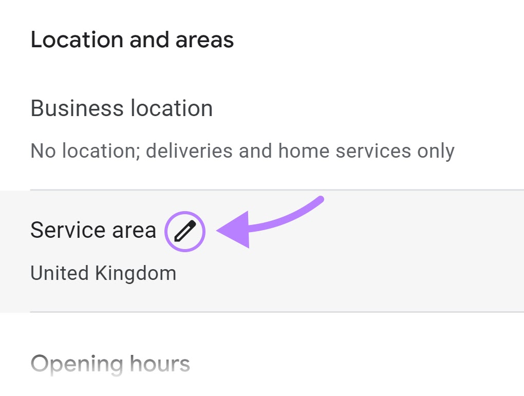 Pencil icon highlighted next to "Service area” setting