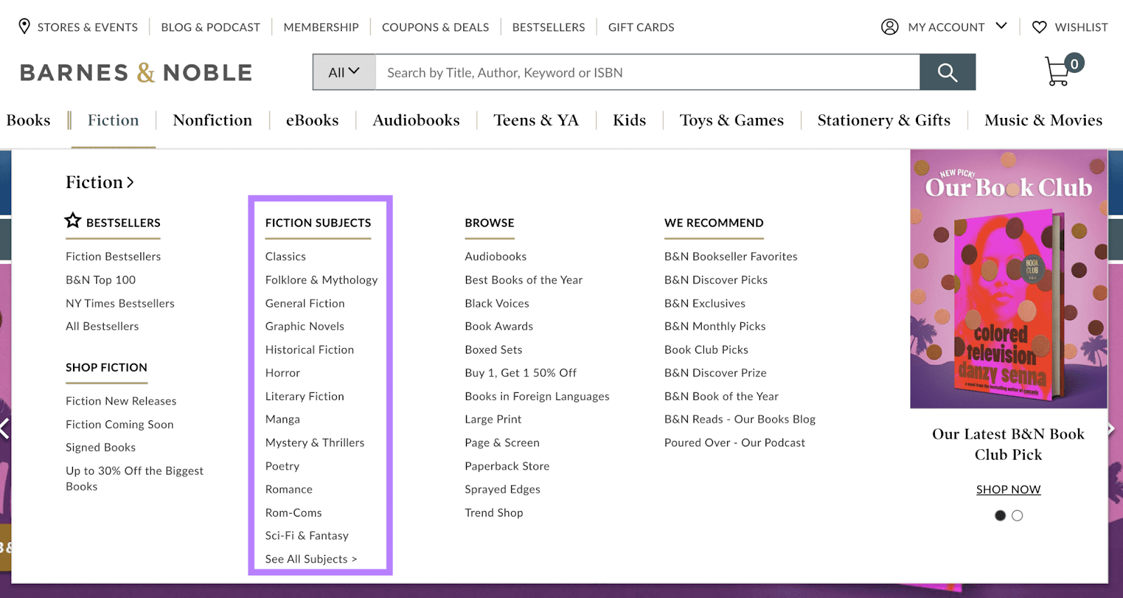 Barnes & Noble's "Fiction" navigation menu with the "Fiction Subjects" column highlighted