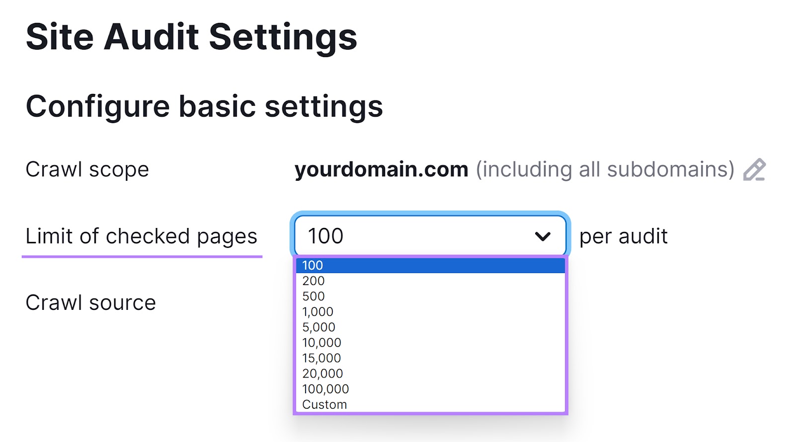 Site Audit Settings showing the "Limit of checked pages" drop-down menu.