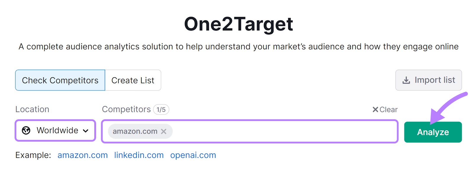 "amazon.com" entered into the One2Target tool