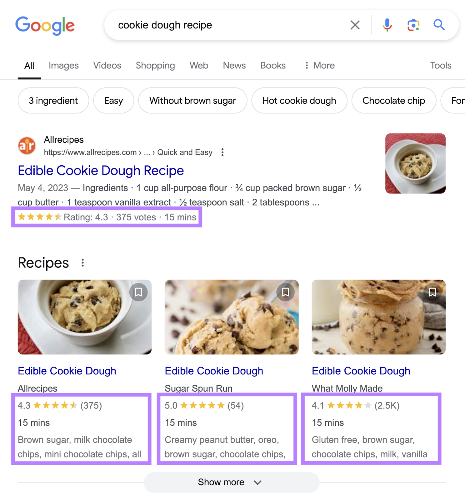 Google hunt  results for 'cookie dough recipe' with standing  affluent  results highlighted