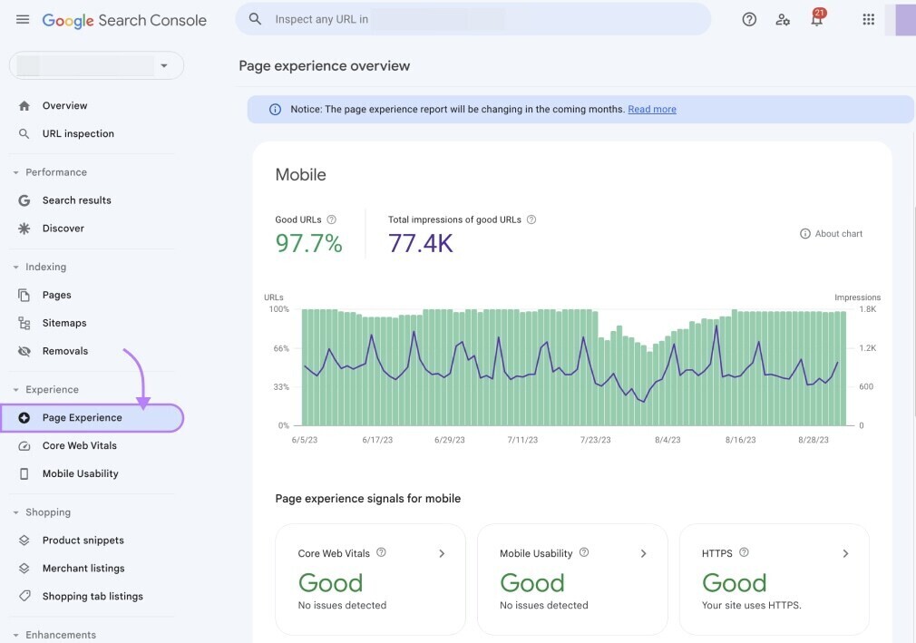 "Page experience overview" report in GSC