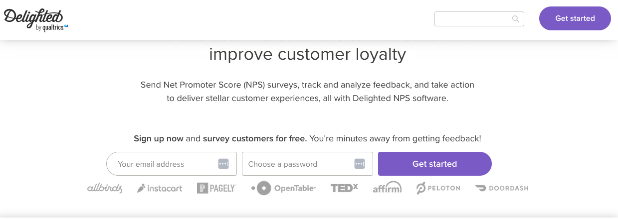 A screenshot of the Delighted homepage gives a description of the software and offers a sign-up button. 