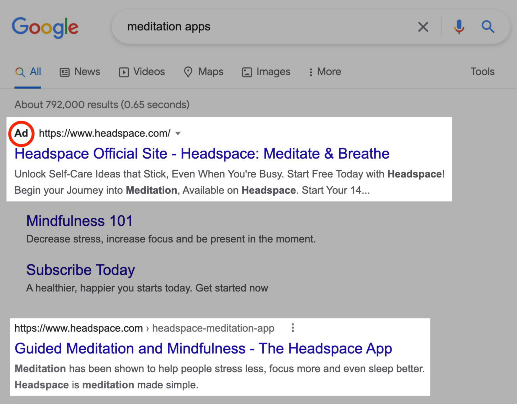 paid and organic results for "meditation apps"