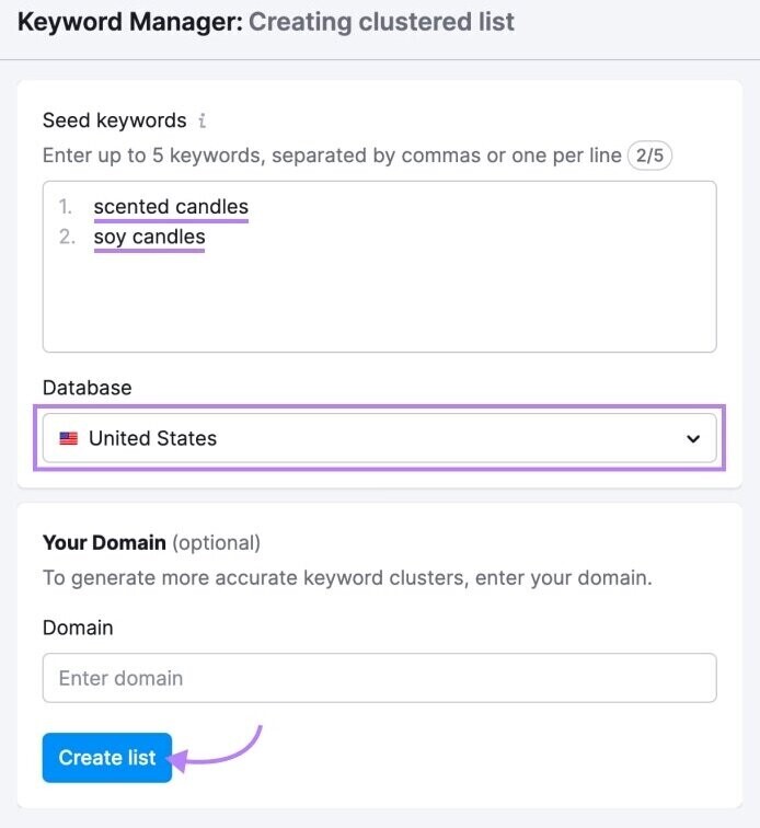 "Keyword Manager: Creating clustered list" window