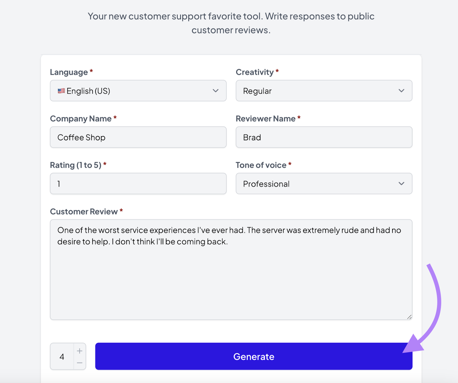 details like your company name, the reviewer's name, tone of voice, and star rating are entered as well as the customer's review