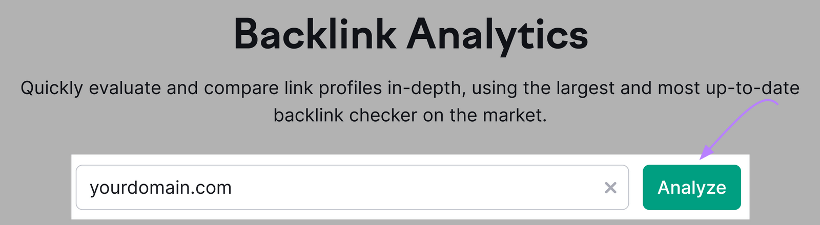 screenshot of Backlink Analytics tool with "yourdomain.com" in search bar