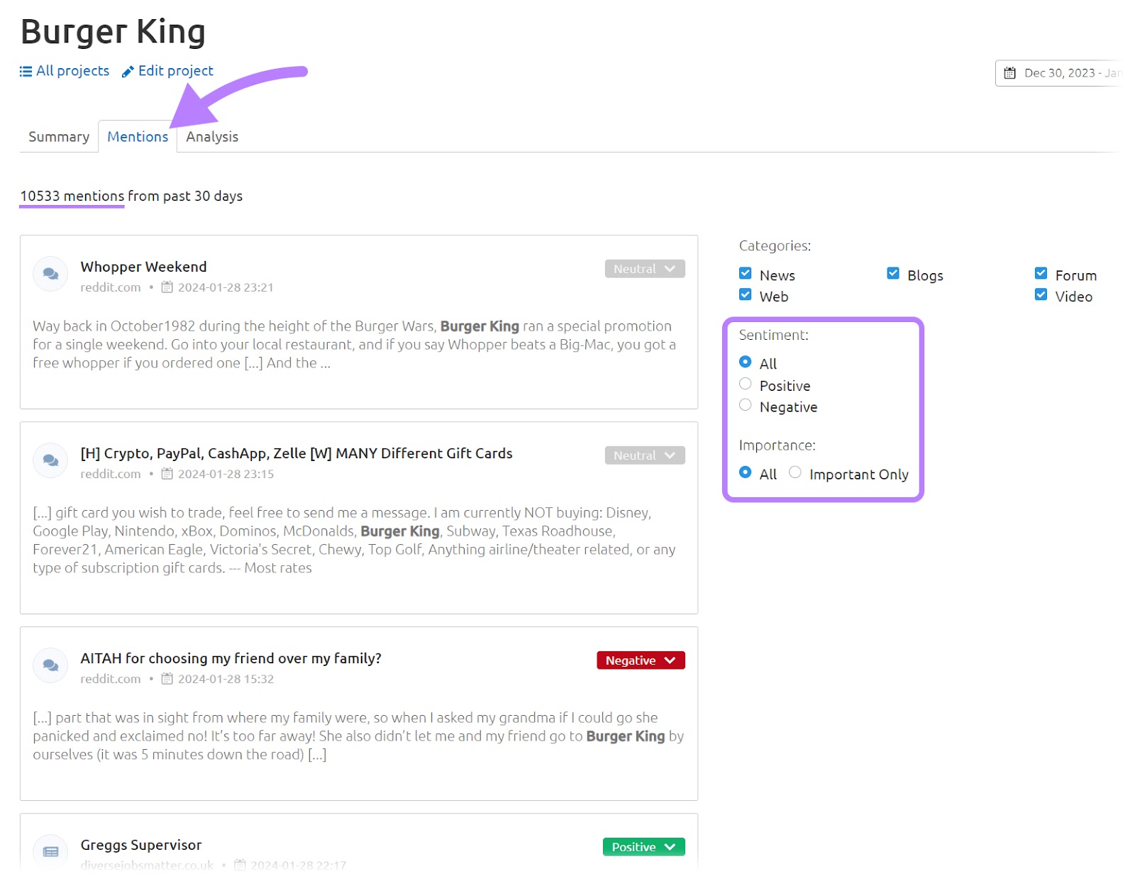 "Mentions" tab for Burger King in Media Monitoring app