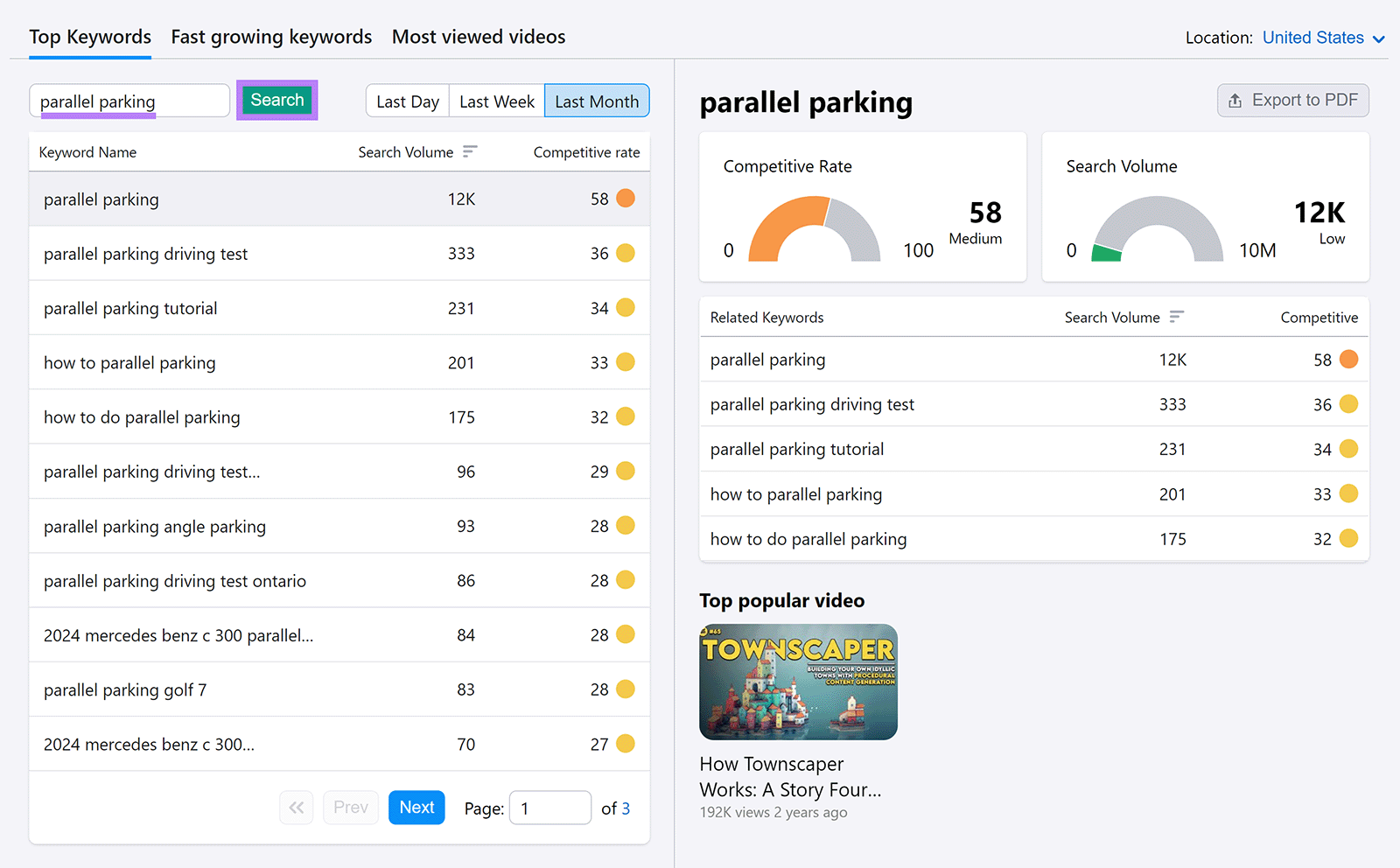 'parallel parking' in Keyword Analytics for YouTube search bar with Search button highlighted and results showing.