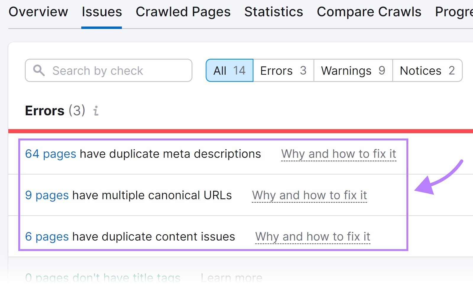 “Indexability” section in Site Audit tool s،ws indexability issues that it detected on your website