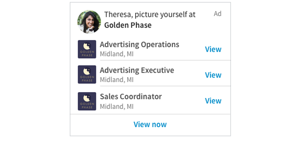 Dynamic LinkedIn job ad showing three advertising and sales roles in Midland, MI