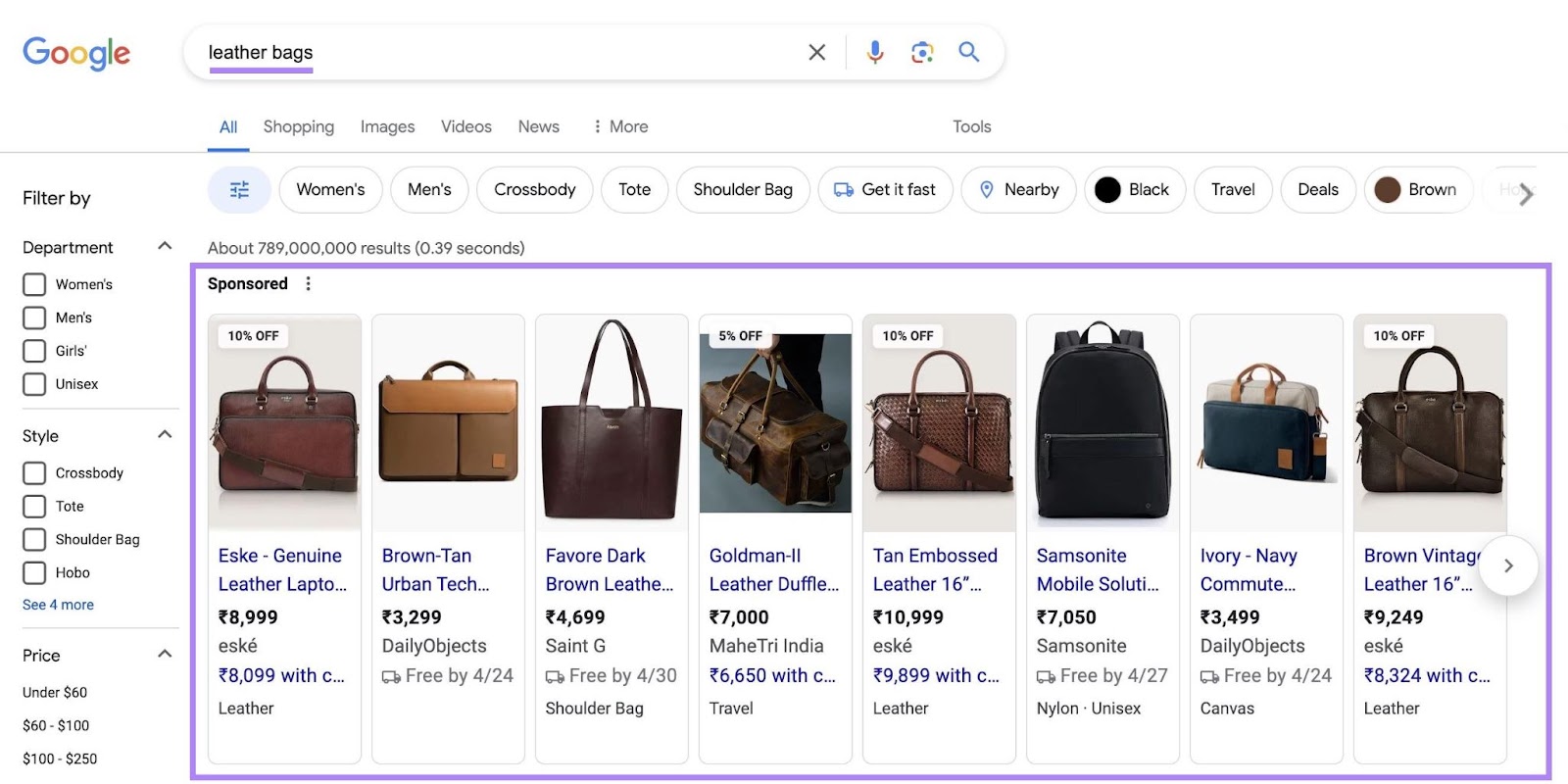 Google Shopping results for "leather bags" showing sponsored ads as the top results.