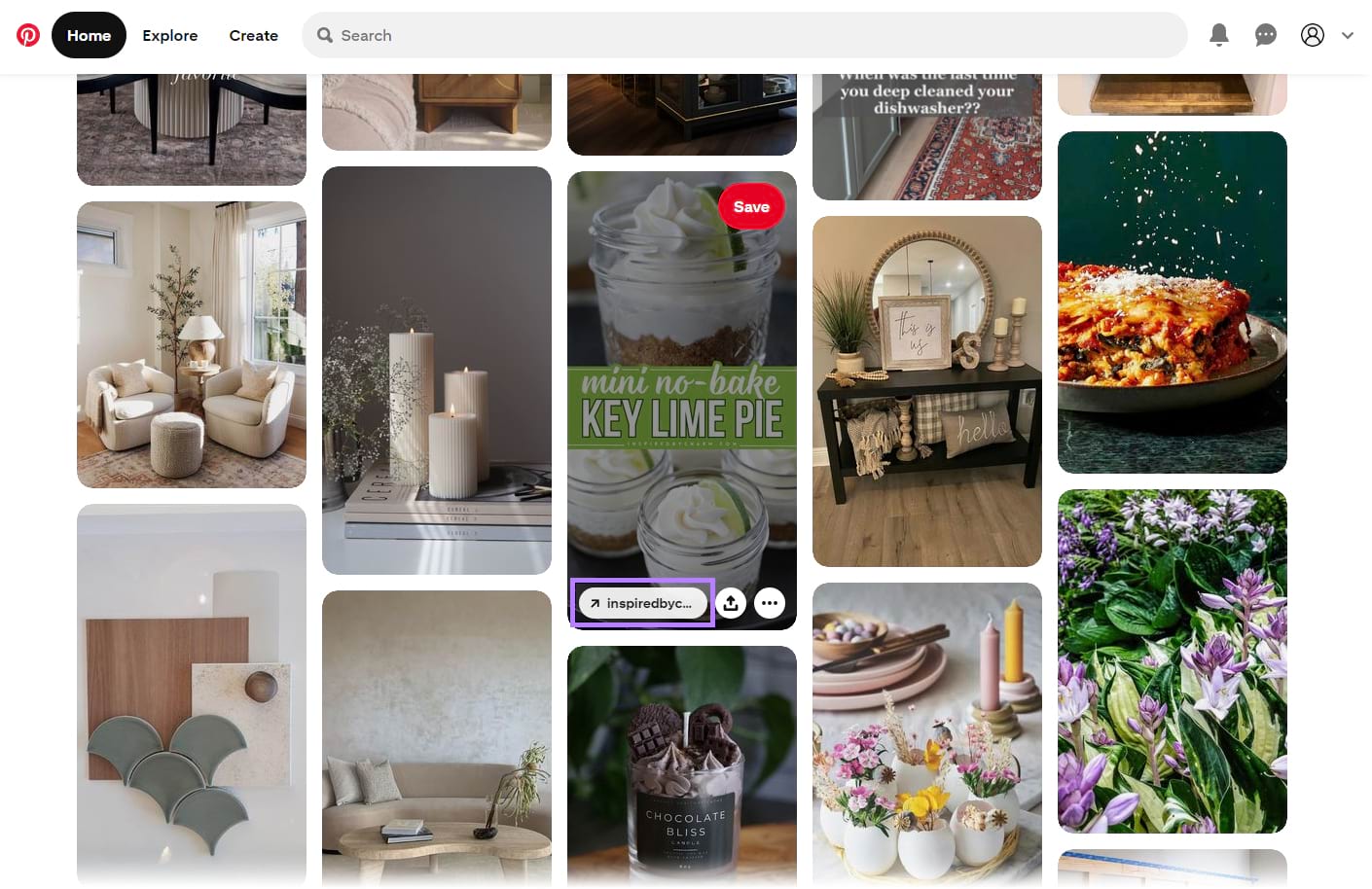 Pinterest feed with a visible link to a website on one of the Pins.