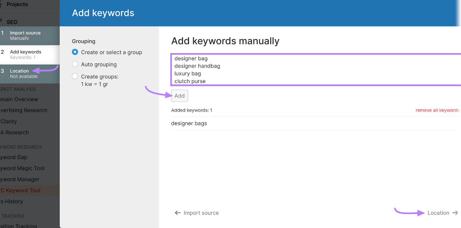 PPC Keyword Tool interface for adding keywords manually with listed keywords and navigation panel.