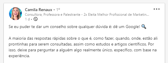 Camila Renaux Linkedin sobre Google