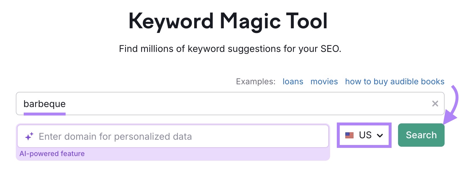 Keyword Magic Tool start page with "barbeque" entered as the term, "US" selected as the location, and "Search" clicked.