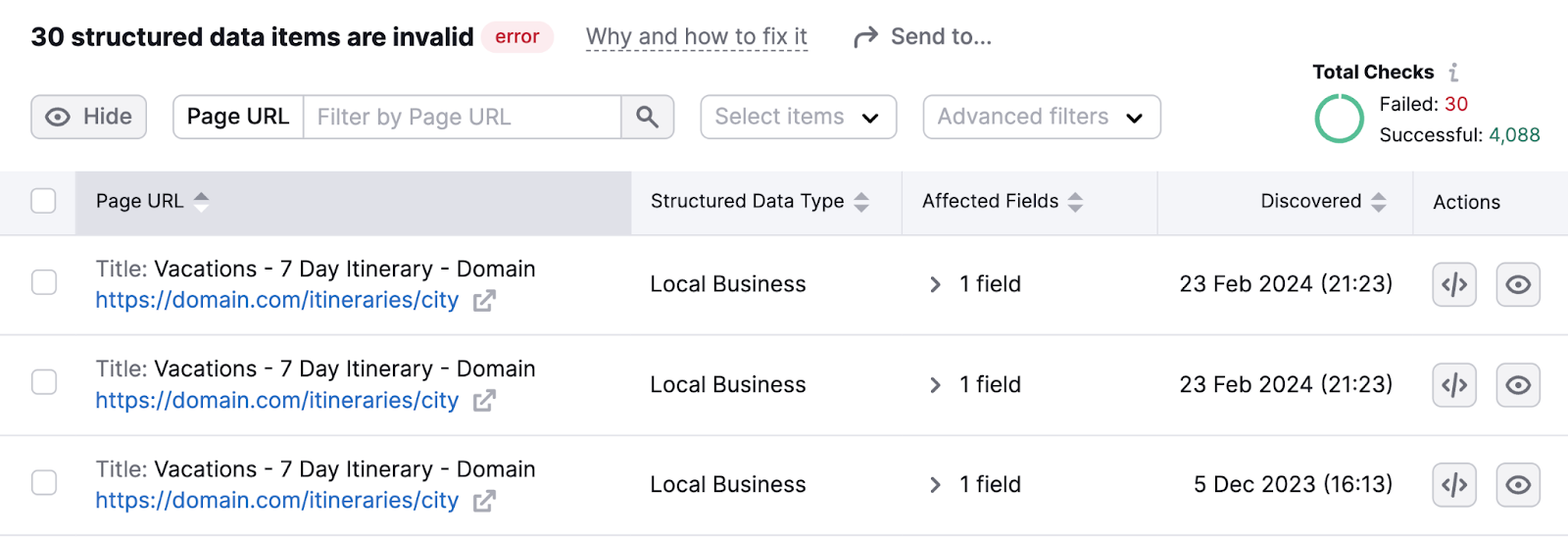 page url of invalid structured data item, the data type such as local business schema, and the affected field