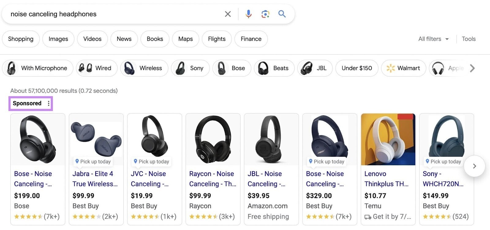 an example of PLAs for headphones showing in Google for "noise cancelling headphones" search