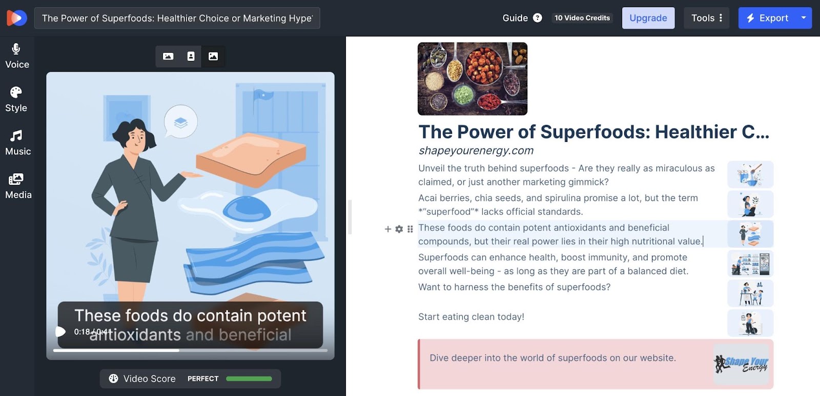 Creating a video from an article on the power of superfoods in AI Video Marketing Automator