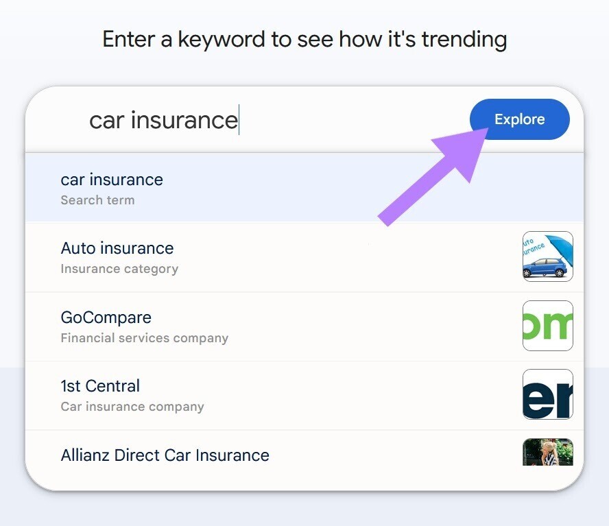Google Trends page with "car insurance" keywords in search bar and "explore" button highlighted