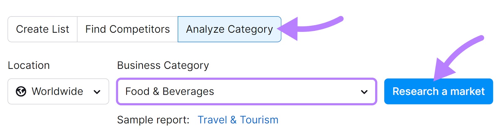 Market Explorer tool search for “Food and Beverages” category