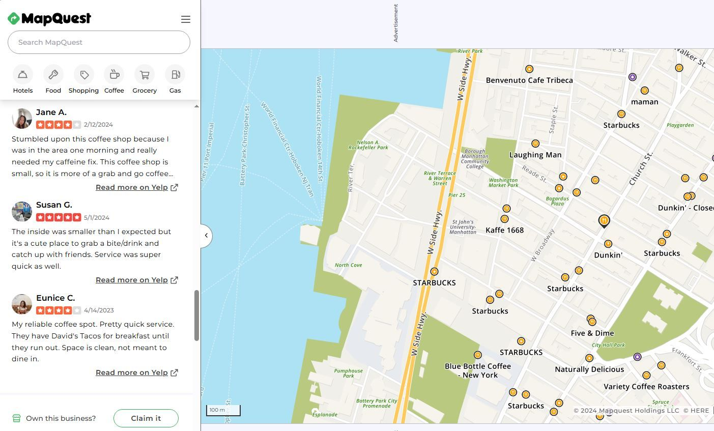 A screenshot from a MapQuest business listing