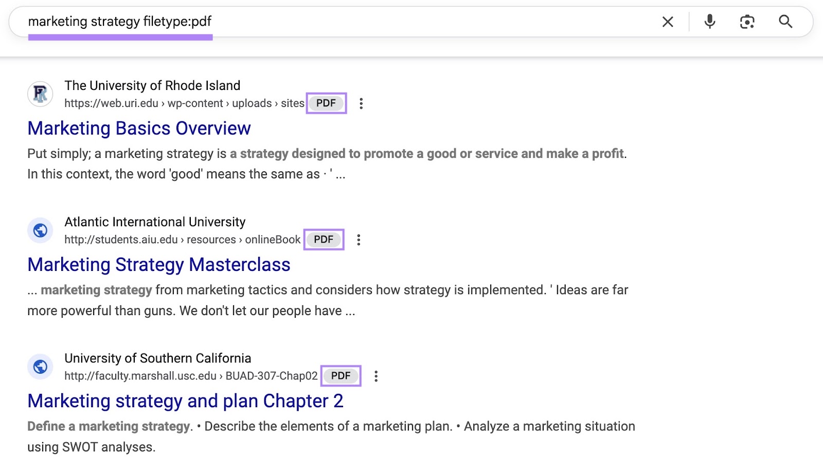 Google SERP with the "filetype:" search operators applied showing only results with a specific file type.
