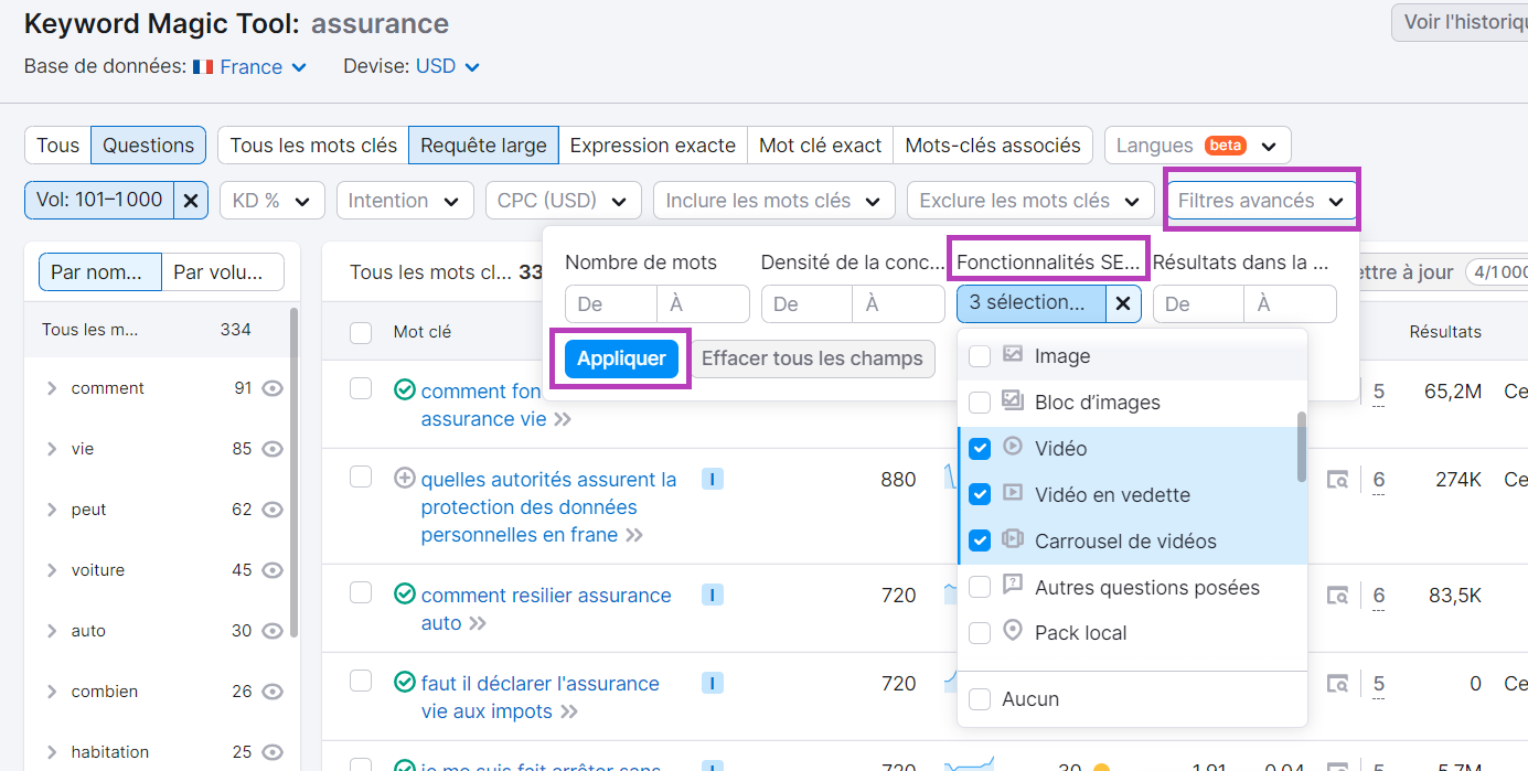 Filtres Fonctionnalités SERP pour vidéos dans Keyword Magic Tool