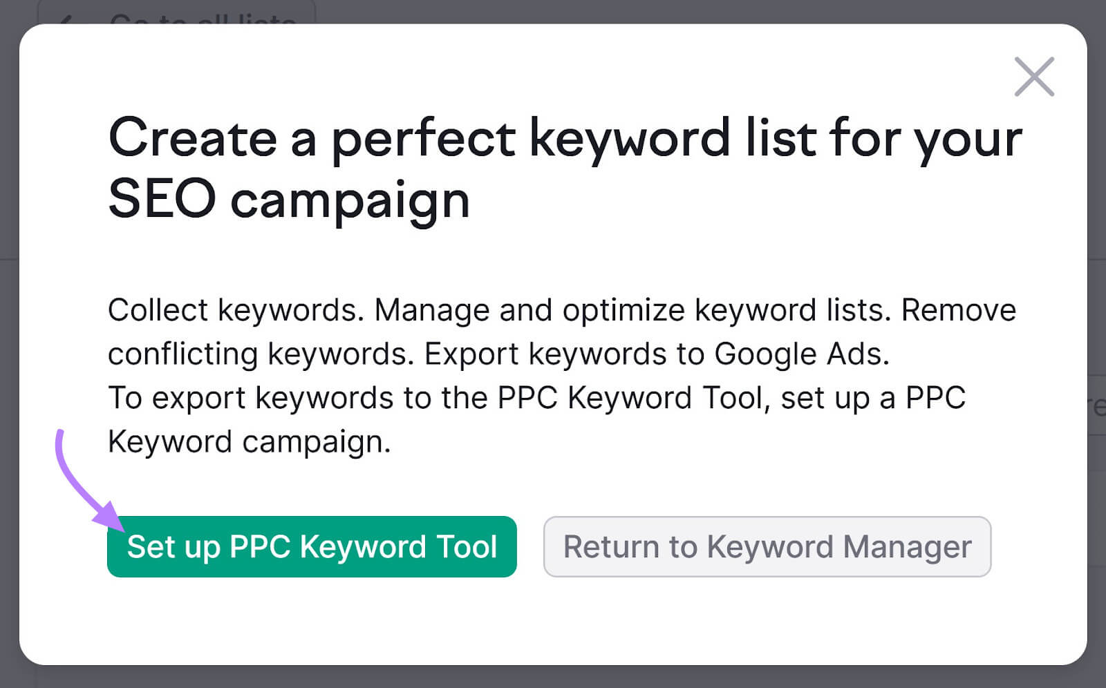 Popup window with an actionable button for setting up PPC Keyword Tool, highlighted by a purple arrow.